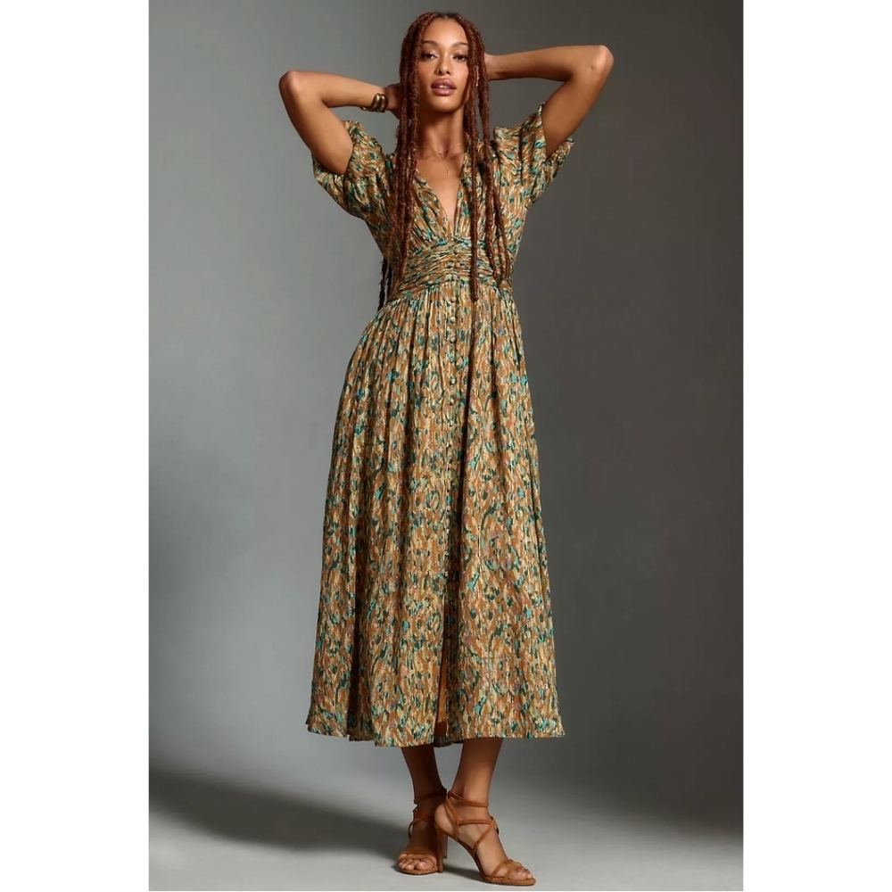 NWT By Anthropologie The Katerina Lurex Button Front Neutral Midi Dress Size 2